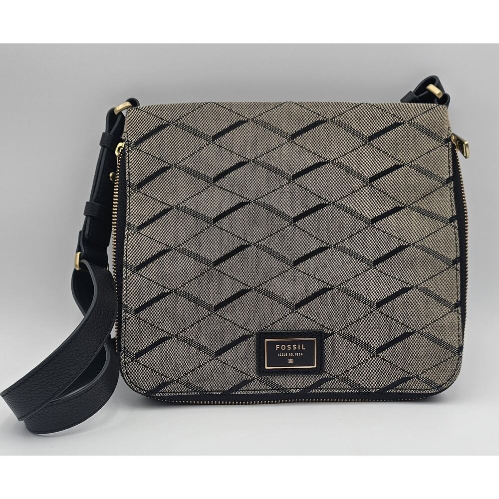 Fossil Preston Canvas Crossbody Purse Expandable Zipper Sides Geometric Pattern